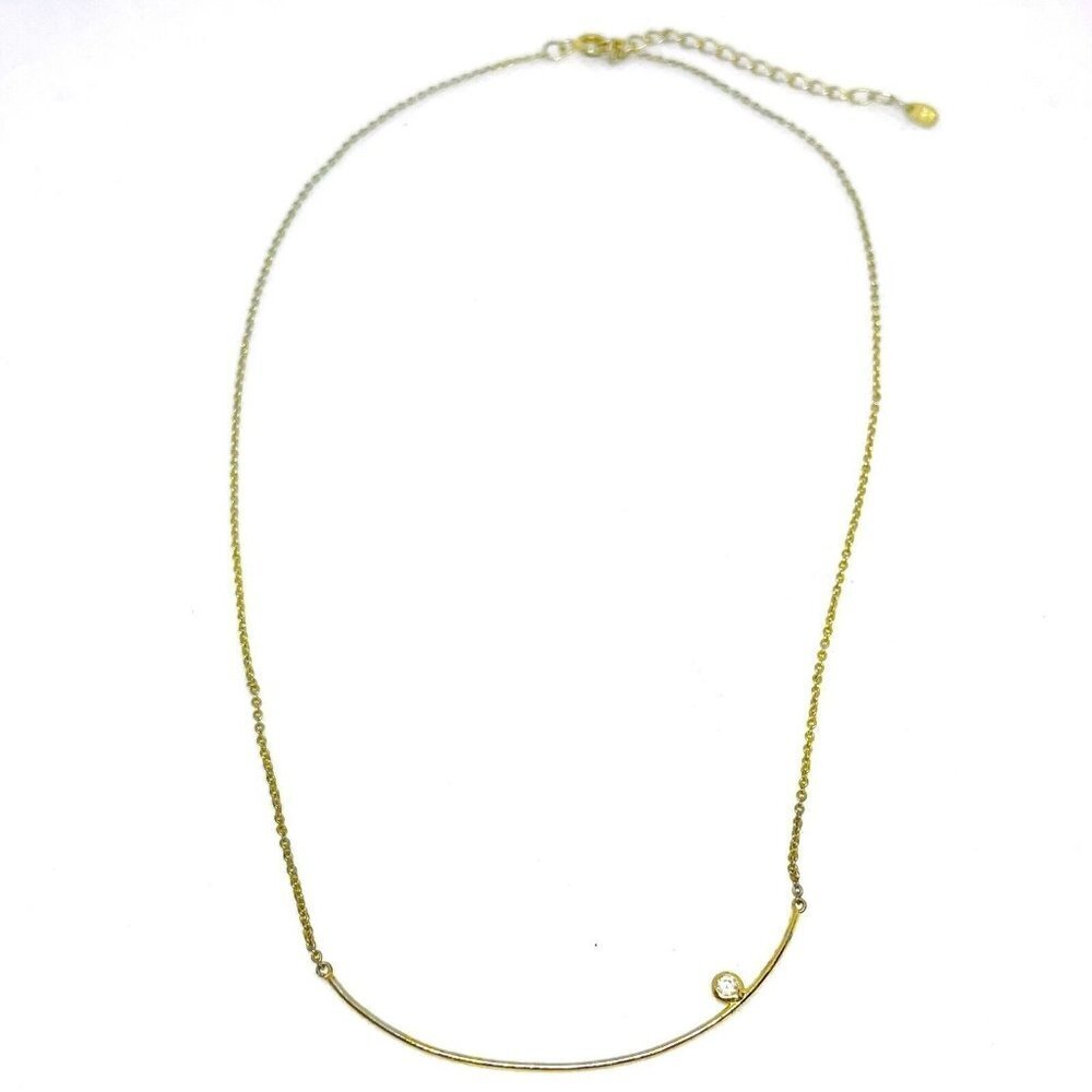 Ati Curved Bar Rhinestone Chain Necklace Spring Ring Closure 16.5 to 18.5 Inches